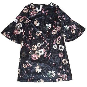 Womens Chicos Dress Velvet Shift Black Floral Bell Sleeves Hippie Size 8/10 M